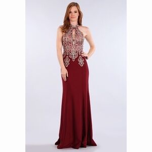 1578 Burgundy Gold Lace Dress